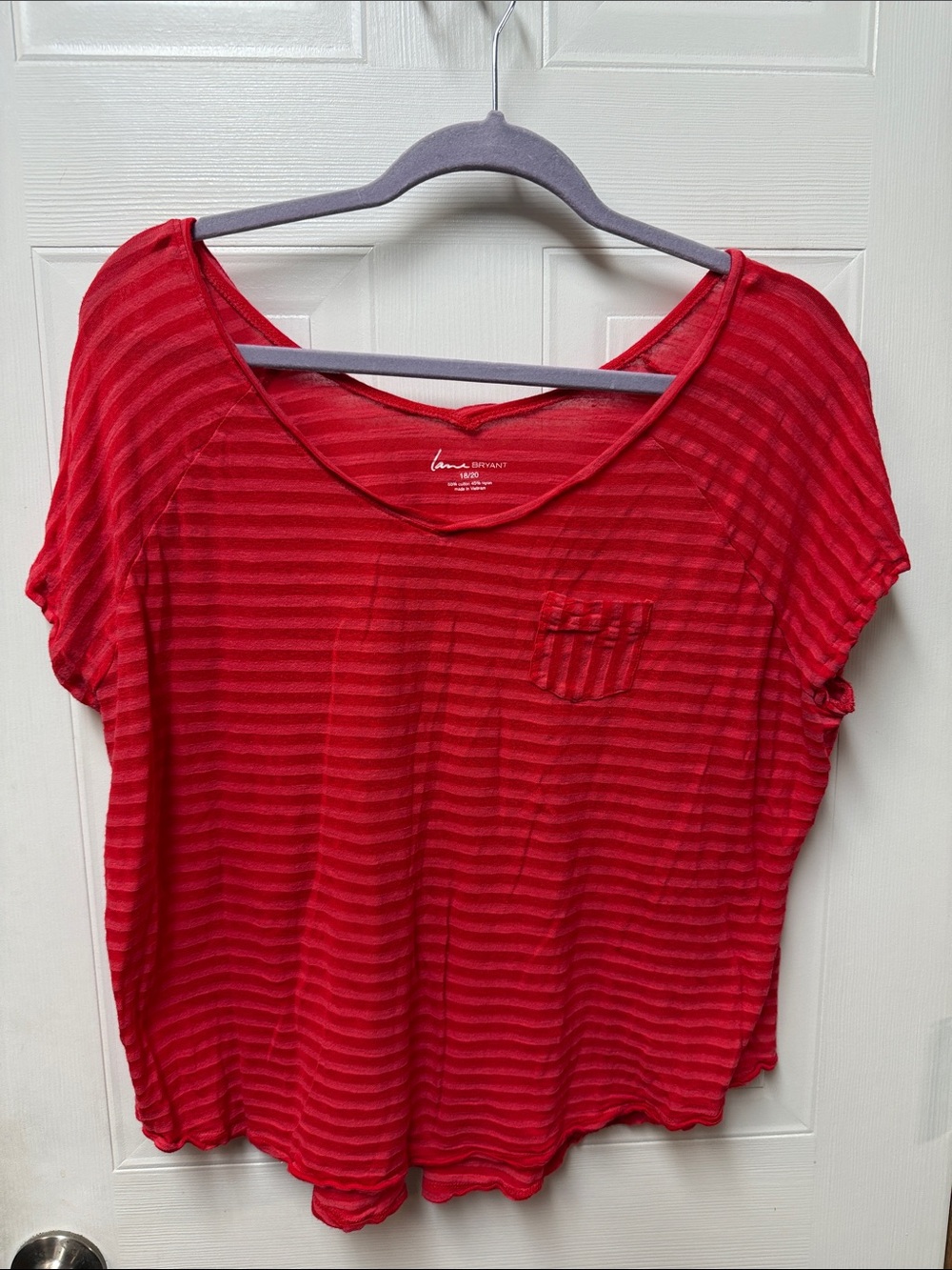 Lane Bryant Red Striped V-Neck Pocket Tee 18/20